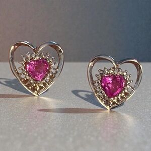 Gorgeous pair of Sterling silver Pink Topaz and Diamonds pierced heart earrings